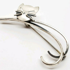 Vintage Signed 925 Beau Sterling Silver cat brooch pin abstract art